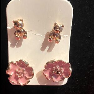 Gold bear and pink flower earrings. NEW
